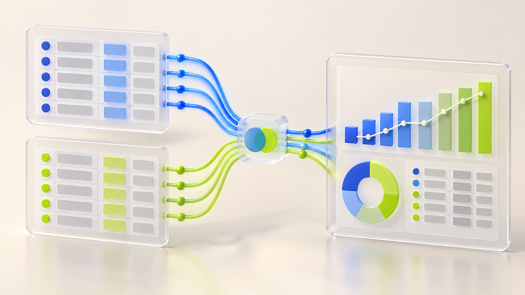 Two separate data grids merge through matching keys into one clean analytics dashboard.