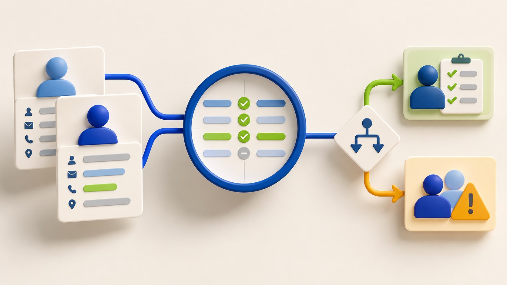 Two similar customer records are compared by a matching lens and sent to an alert or review decision.