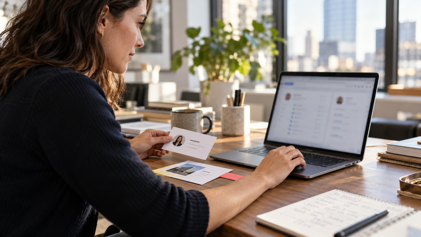 A marketing operations professional reviews related company and contact records on a laptop beside labeled paper cards.